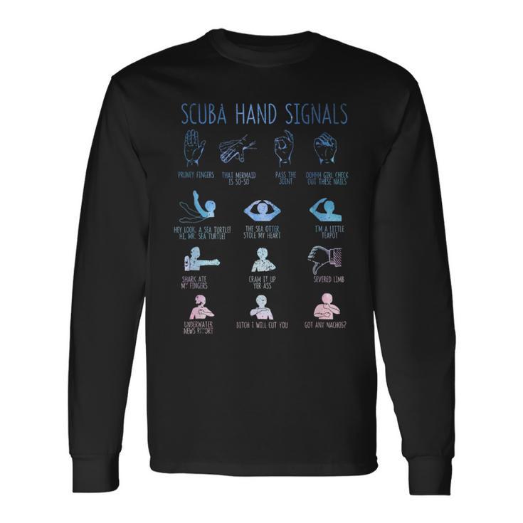 ダイバーハンドサイン 面白いスキューバダイビングシグナル チームスクワッドダイブ 長袖Tシャツ