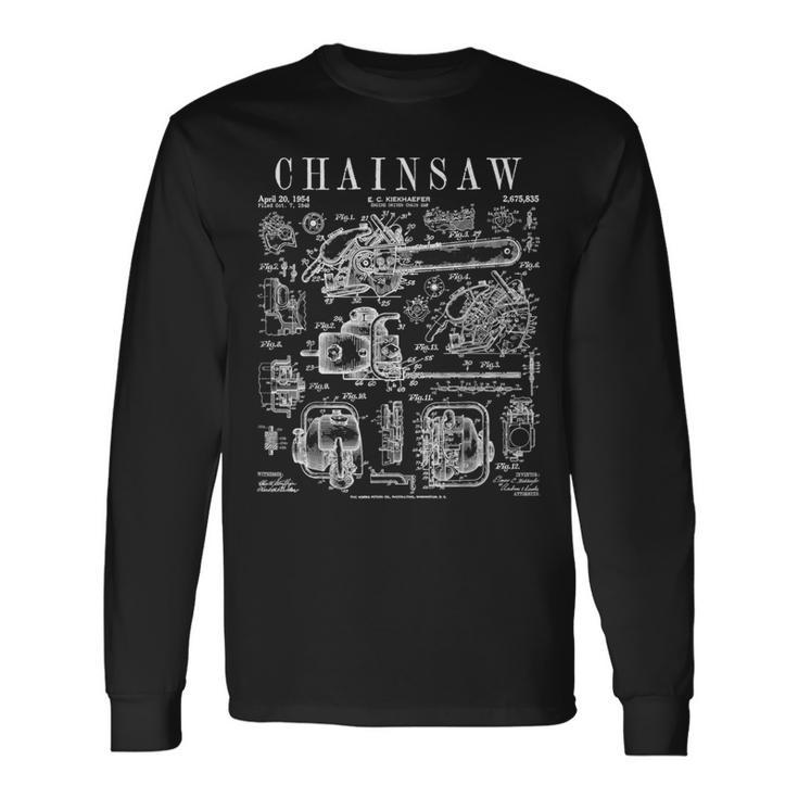チェーンソー 木こり アーボリスト 木工士 ヴィンテージ 特許プリント 長袖Tシャツ