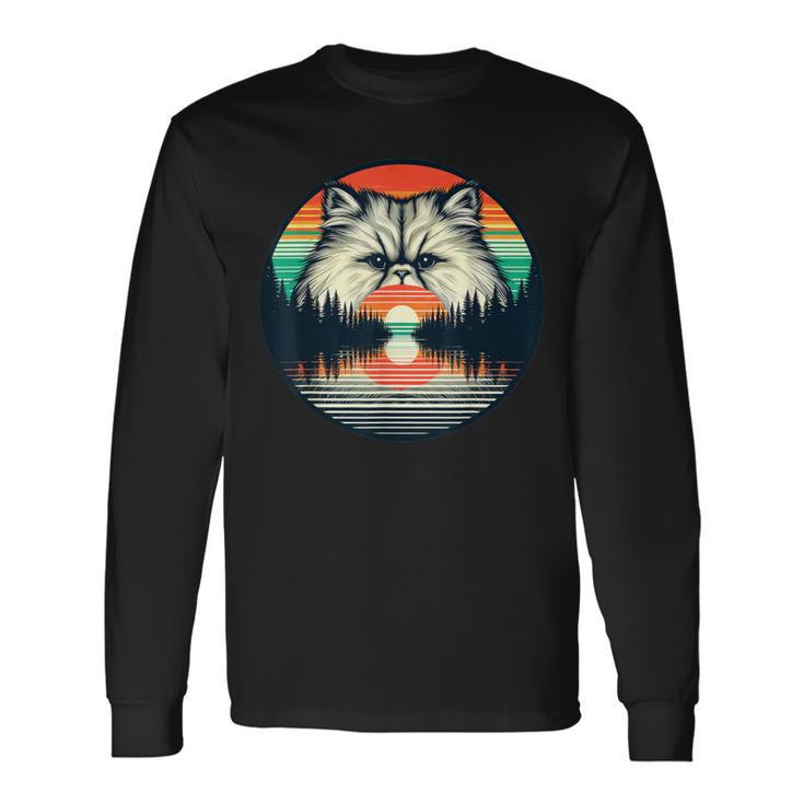 チンチラ ペルシャ猫 夕日 レトロスタイル ヴィンテージ 80年代 70年代 長袖Tシャツ