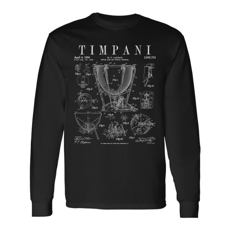 ティンパニ ケトル ドラム ヴィンテージ パテント ティンパニスト 図面プリント 長袖Tシャツ