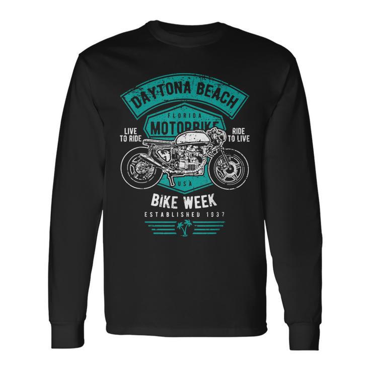 デイトナビーチ フロリダ アンティーク調オートバイデザイン 長袖Tシャツ