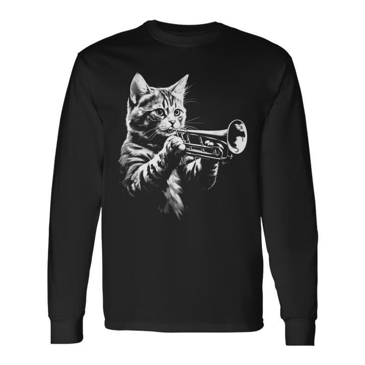 トランペットを奏でる猫 ヴィンテージ ジャズ ミュージシャン トランペッター 長袖Tシャツ