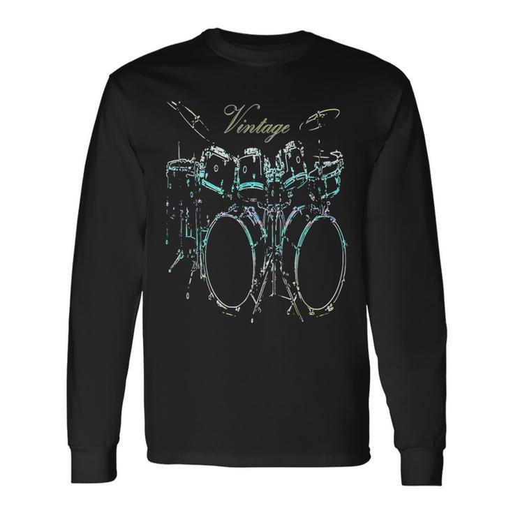 ドラムビンテージドラマードラムセットデザイン 長袖Tシャツ