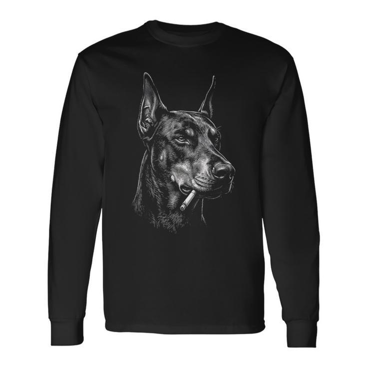 ドーベルマン 喫煙 タバコ 犬 ヴィンテージ ドーベルマン 面白い ミーム 長袖Tシャツ