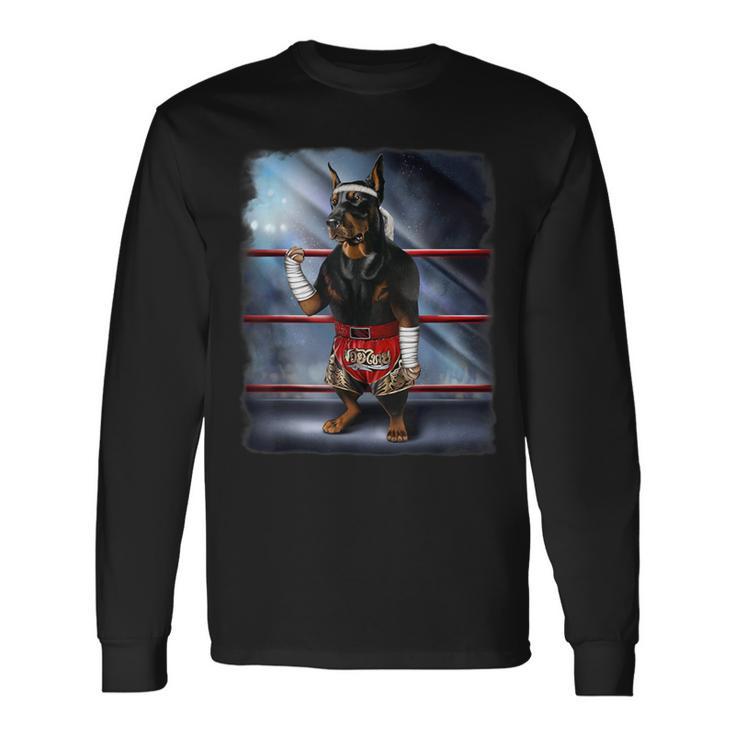 ドーベルマン犬 ムエタイキックボクシングチャンピオン 長袖Tシャツ