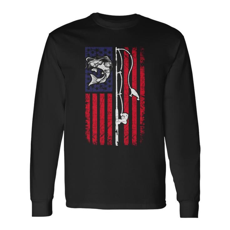 ナマズ アメリカ国旗 キャットフィッシング 漁師 釣り 長袖tシャツ 長袖Tシャツ