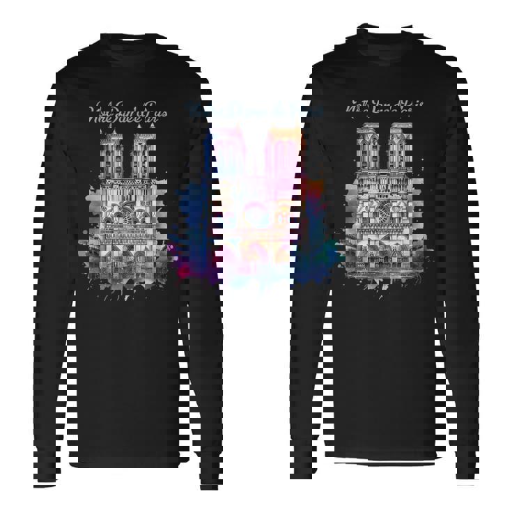 ノートルダム大聖堂 水彩画 長袖Tシャツ