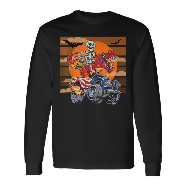 ハロウィーン スケルトン ライディング モンスタートラック トリックオア トリート パーティー 長袖Tシャツ