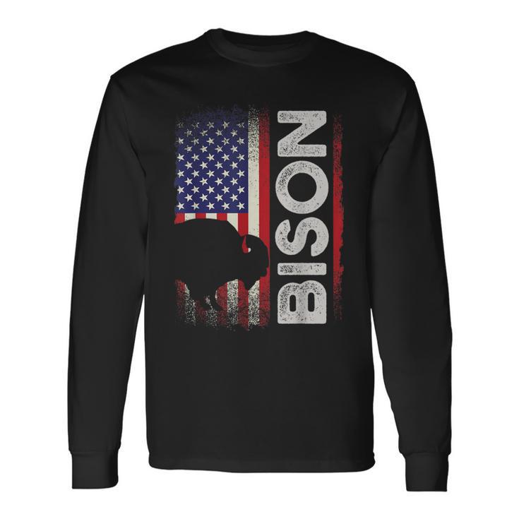 ハンティング アメリカンバイソン クリエイティブ ユーズド加工 アメリカ国旗 ハンター 長袖Tシャツ