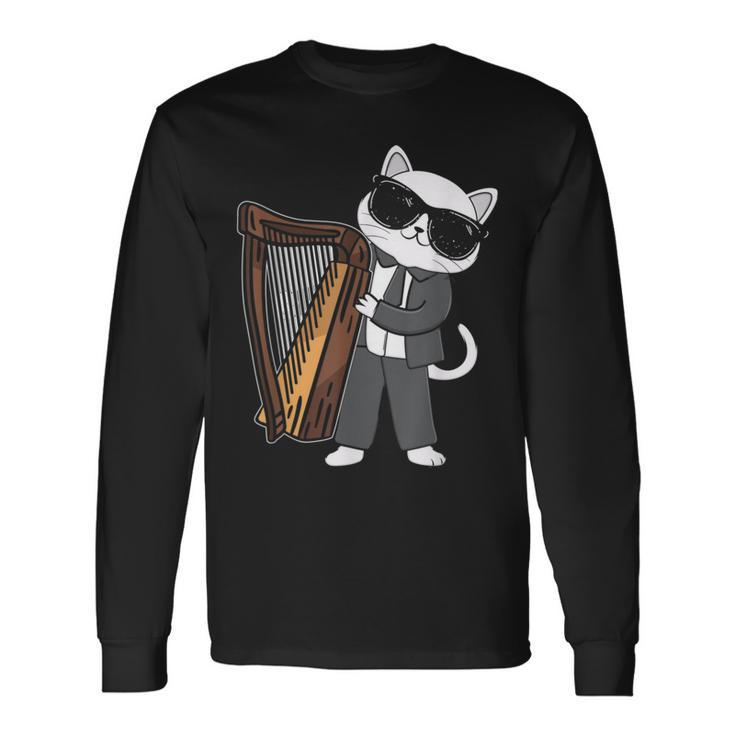 ハープを演奏する猫 音楽愛好家 音楽プレーヤー エキスパート ミュージシャン 長袖Tシャツ