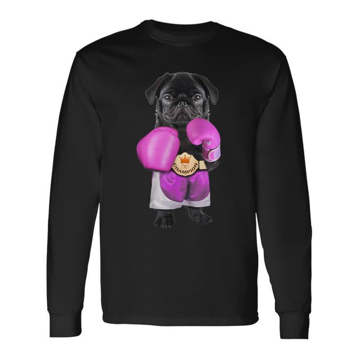 パグ犬ボクシング面白いフィットネスジムワークアウト 長袖Tシャツ