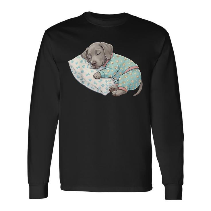 パジャマで寝ているかわいいワイマラナー犬就寝アート 長袖Tシャツ