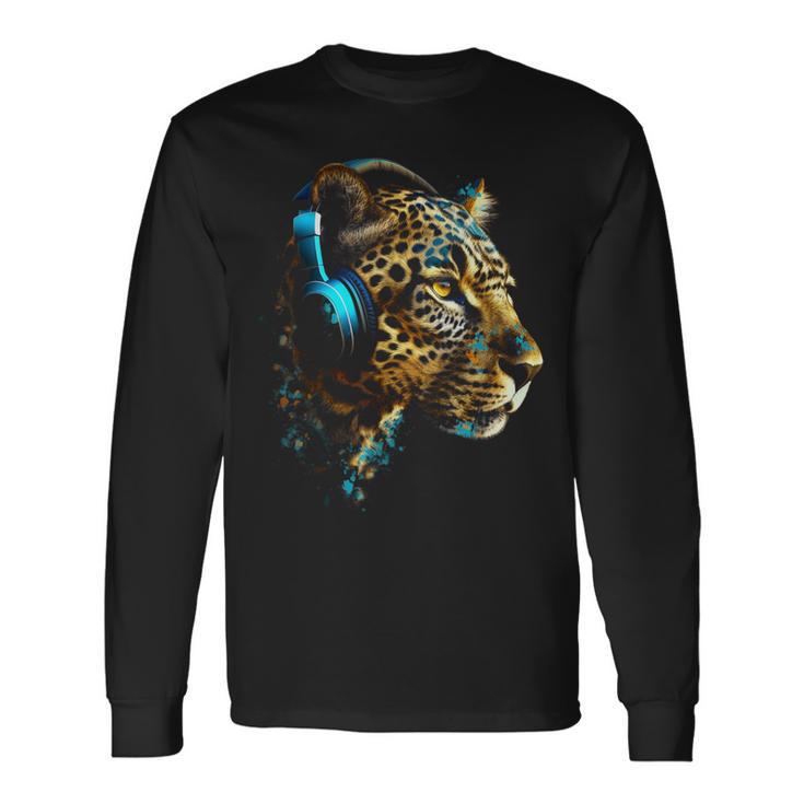 ヒョウ音楽 – 動物愛好家アートヘッドフォン アニマルレオパード 長袖Tシャツ