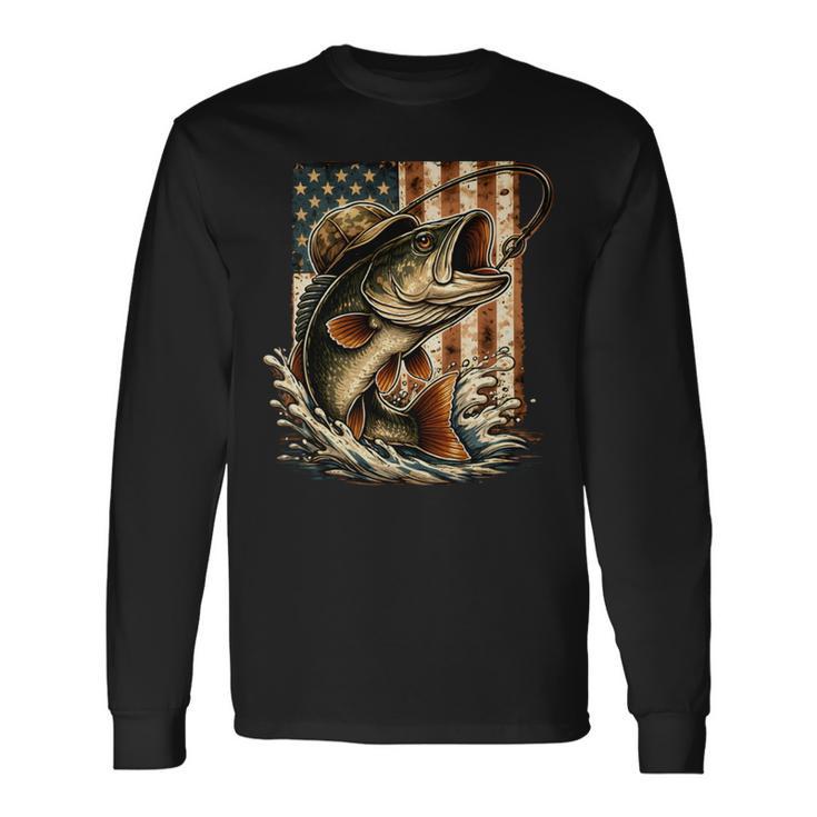 ビンテージバスフィッシング迷彩、アメリカ国旗。 長袖tシャツ 長袖Tシャツ