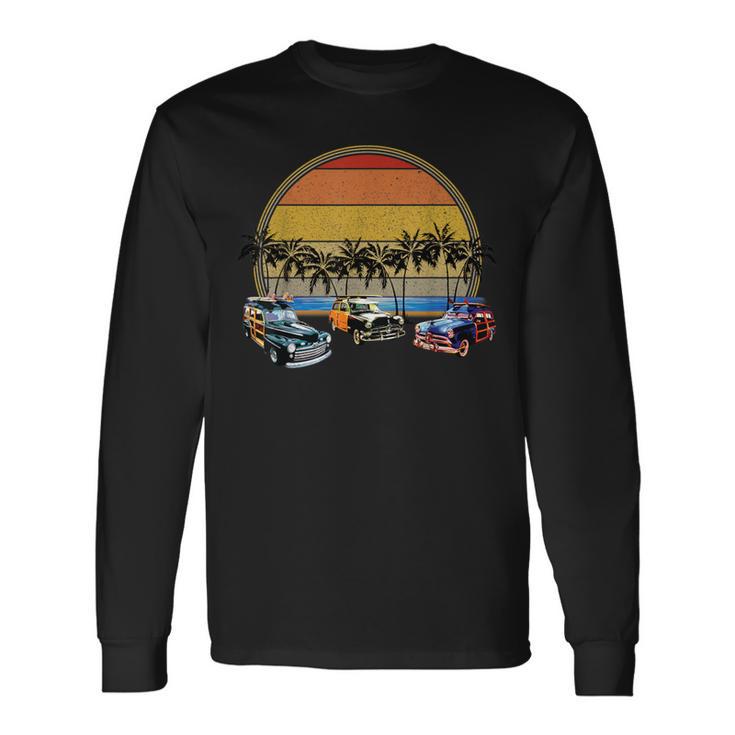 ビーチのレトロな車 ヴィンテージ グランジサンセット 長袖Tシャツ