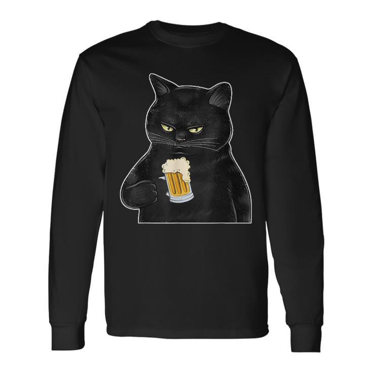 ビールを持っている黒猫 ヴィンテージ おもしろい ビール&猫好き 長袖Tシャツ