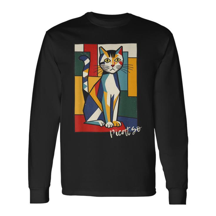 ピカソ猫 – ヴィンテージキュビズムアート風デザイン 長袖Tシャツ