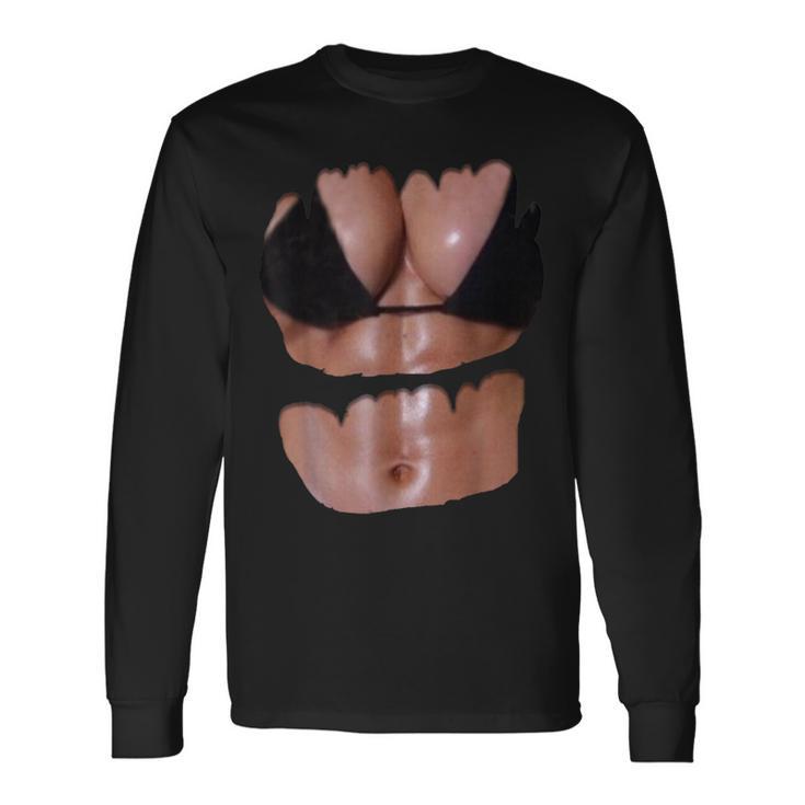フェイク 腹筋 面白い ビキニ ボディ マッスル 6パック 3D 長袖Tシャツ
