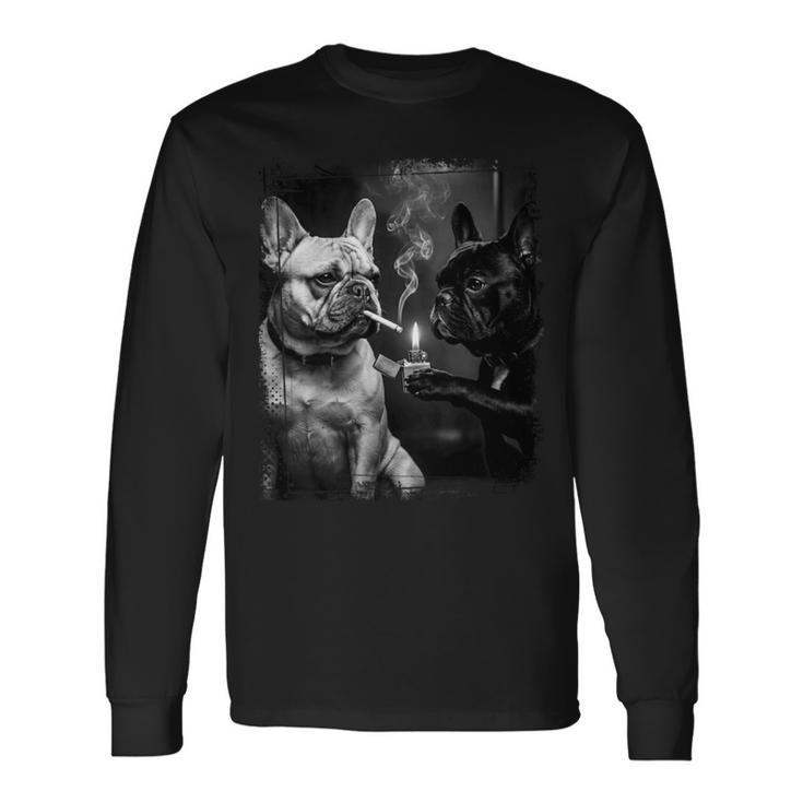 フレンチブルドッグ 喫煙犬 ライター モノクロアート 長袖tシャツ 長袖Tシャツ