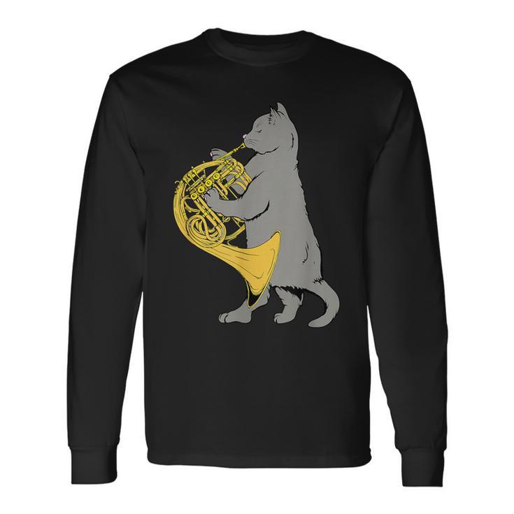 フレンチホルンを弾く猫 クール ミュージシャン オーケストラ 長袖Tシャツ