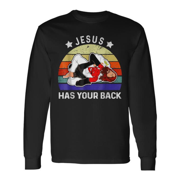ブラジリアン柔術 Jesus Has Your Back 長袖Tシャツ ギフトのアイデア