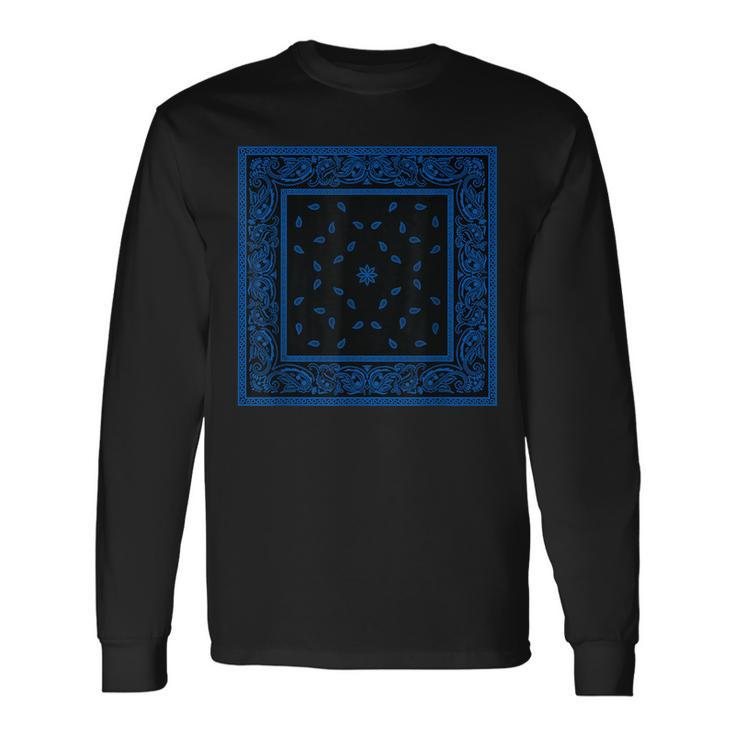 メンズ ブラックブルーバンダナプリントtシャツ ロイヤルブルーペイズリー柄 長袖Tシャツ
