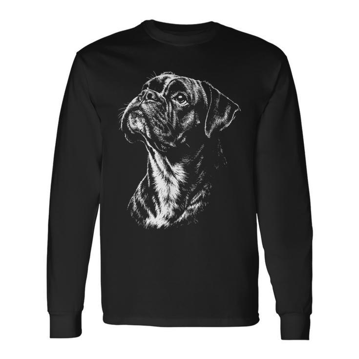 ボクサー 犬 ポートレート 白黒 長袖Tシャツ