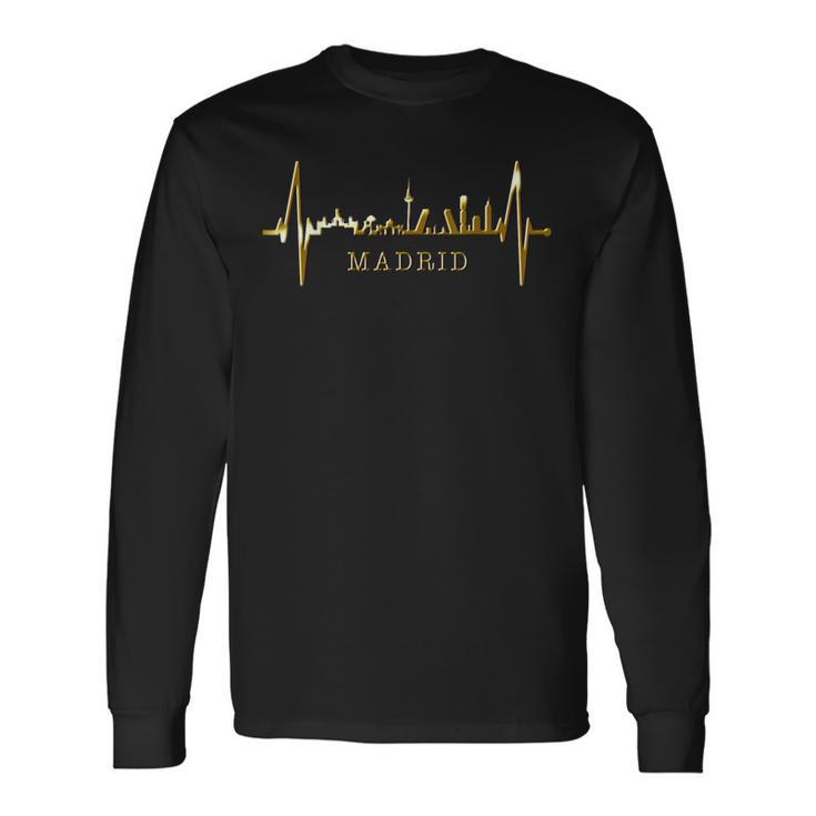 マドリードのスカイライン ハートビート スペインのシルエット I Love Madrid 長袖Tシャツ