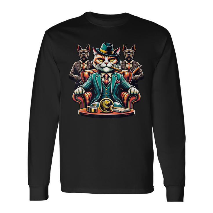 マフィア ボス 猫 葉巻 ギャング ブルドッグ 長袖Tシャツ