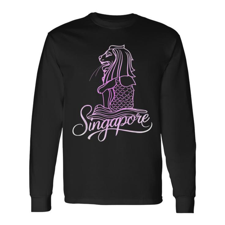 マーライオンのお土産デザインのシンガポールシティスカイライン 長袖Tシャツ