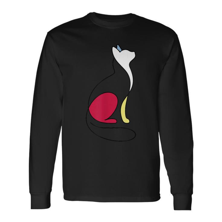 ミニマルラインアート ミロ風の猫 長袖Tシャツ