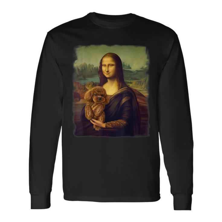 モナリザ プードルを抱く かわいい犬のアート パロディ絵画 長袖Tシャツ