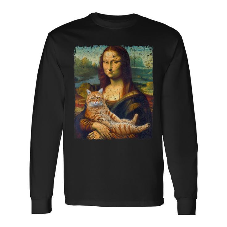 モナリザ 猫とパロディー おもしろアート 絵画 ミーム 長袖Tシャツ