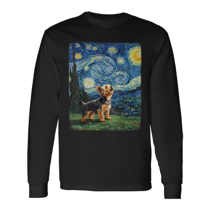 ヨークシャーテリア ハウリングムーン 星月夜 ゴッホ 面白い 長袖Tシャツ