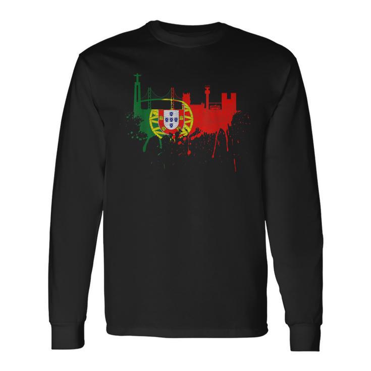リスボン スカイライン ポルトガル国旗 絵画 ファンアート I Love Lisboa 長袖Tシャツ
