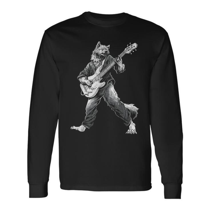 ロックンロールとギターのロッキングウルフ ヴィンテージ Rock Music 長袖Tシャツ