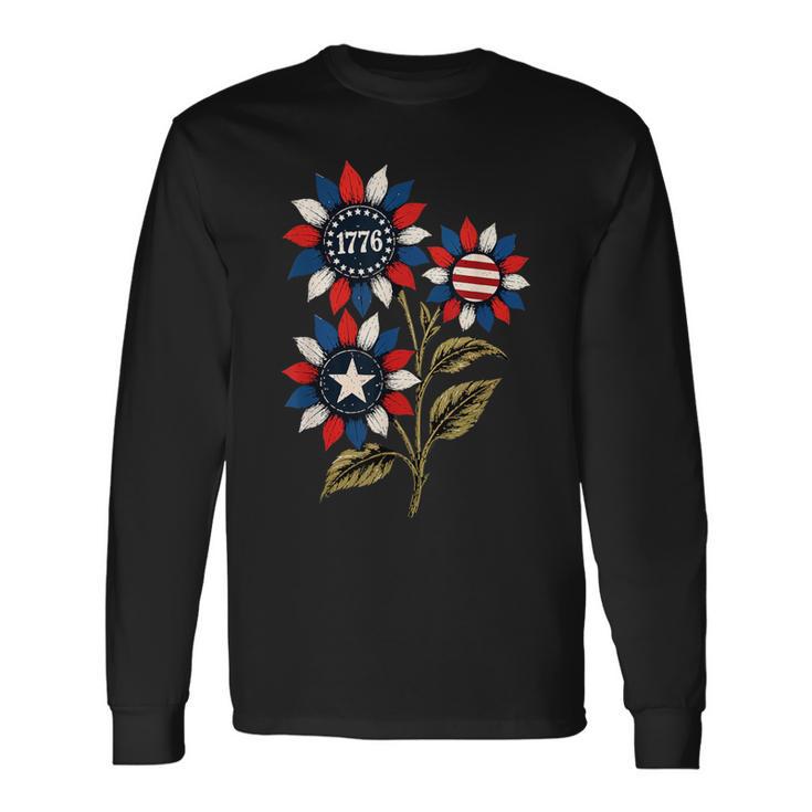 ヴィンテージ 1776 愛国心が強いひまわり アメリカ独立記念日 長袖Tシャツ