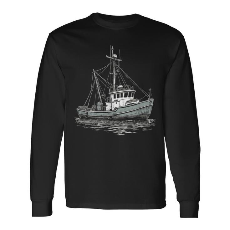 ヴィンテージ漁船 海 レトロ 船 漁師 イラスト 長袖Tシャツ