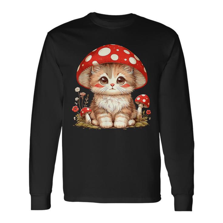 ヴィンテージ猫とキノコの帽子かわいいコテージコア美学 長袖Tシャツ