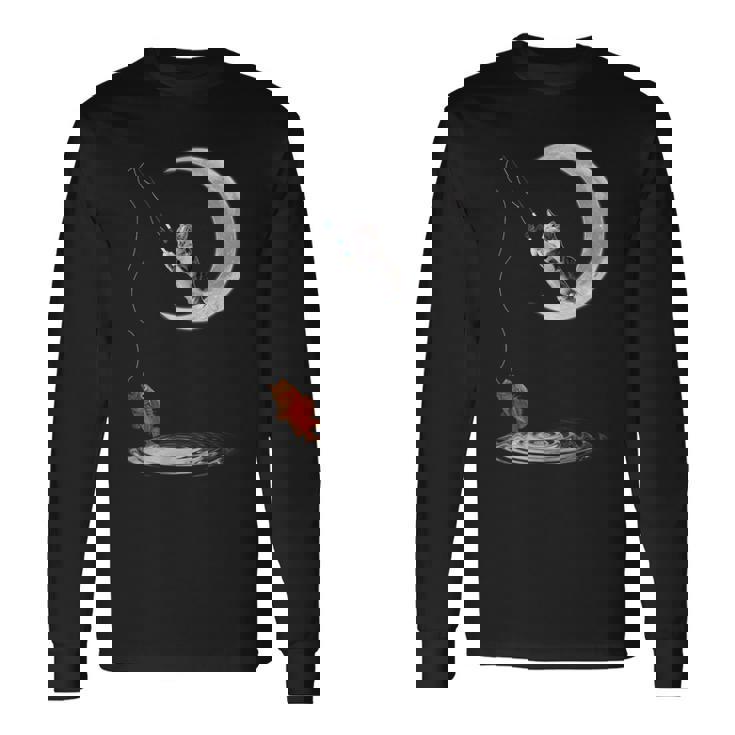 三日月で釣りをする猫 面白い猫愛好家 フィッシャー 長袖Tシャツ