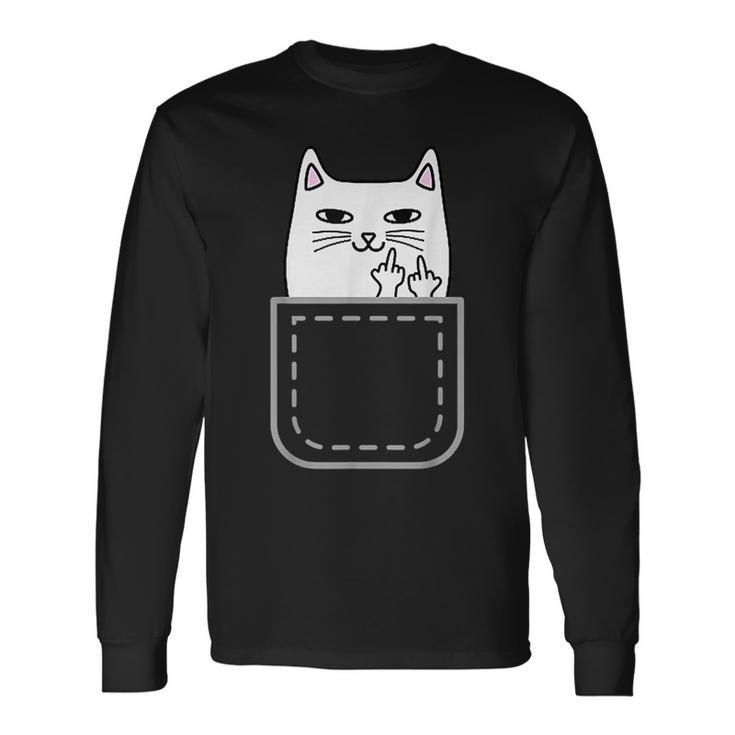 中指 猫 ポケット 面白い 漫画 猫 ホワイト プレミアム 長袖Tシャツ