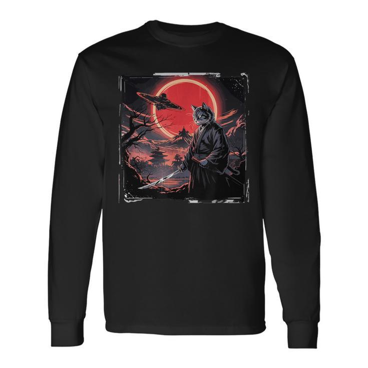 侍忍者 猫戦士 墨絵 Ufo 浮世絵f 日本語 長袖Tシャツ