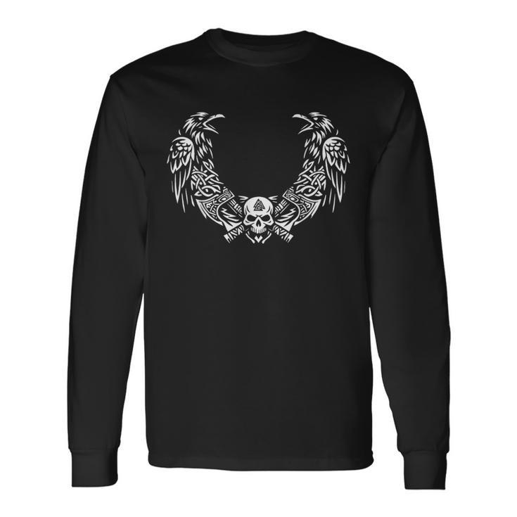 北欧のレイヴン スカルエンブレム 軸付き ルーンスタイル アートワーク アイコン 長袖Tシャツ