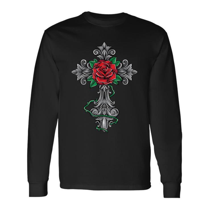 十字架とバラ 長袖Tシャツ