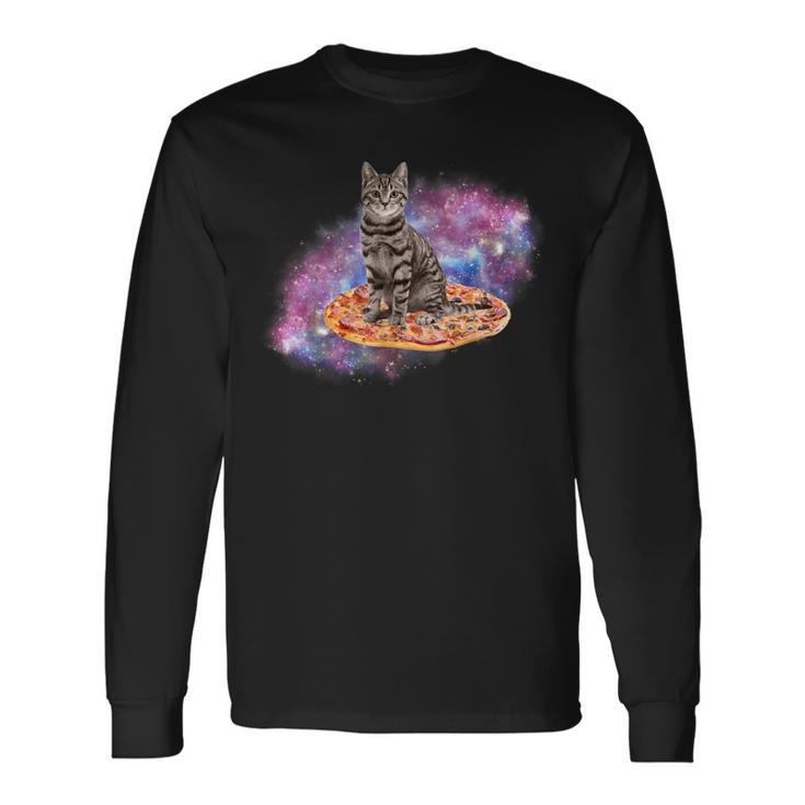 宇宙の猫とピザ 長袖Tシャツ