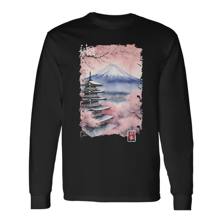 富士山 日本 桜 ヴィンテージ アニメ アート ピンク 長袖Tシャツ