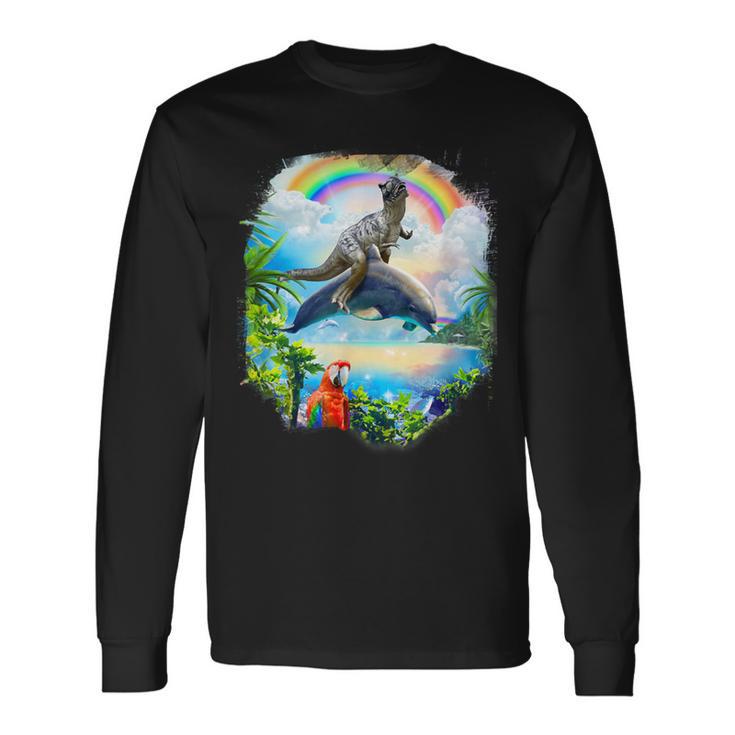 恐竜 ライディング イルカ レインボー イルカ 長袖Tシャツ