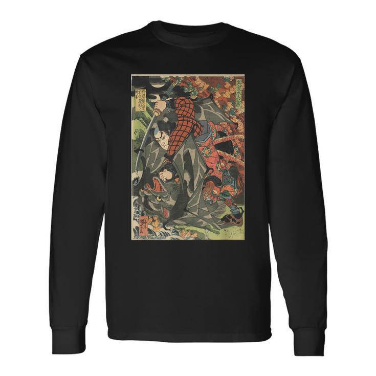 日本の侍アート 木版 宮本 武蔵 巨大コウモリ 長袖Tシャツ
