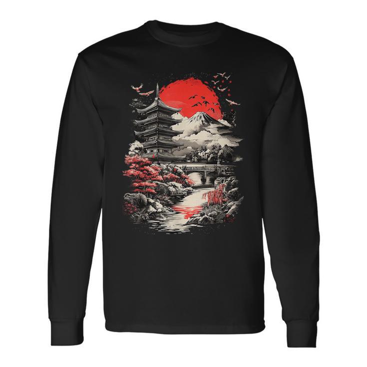 日本塔 富士山 桜 風景 ヴィンテージ 長袖Tシャツ