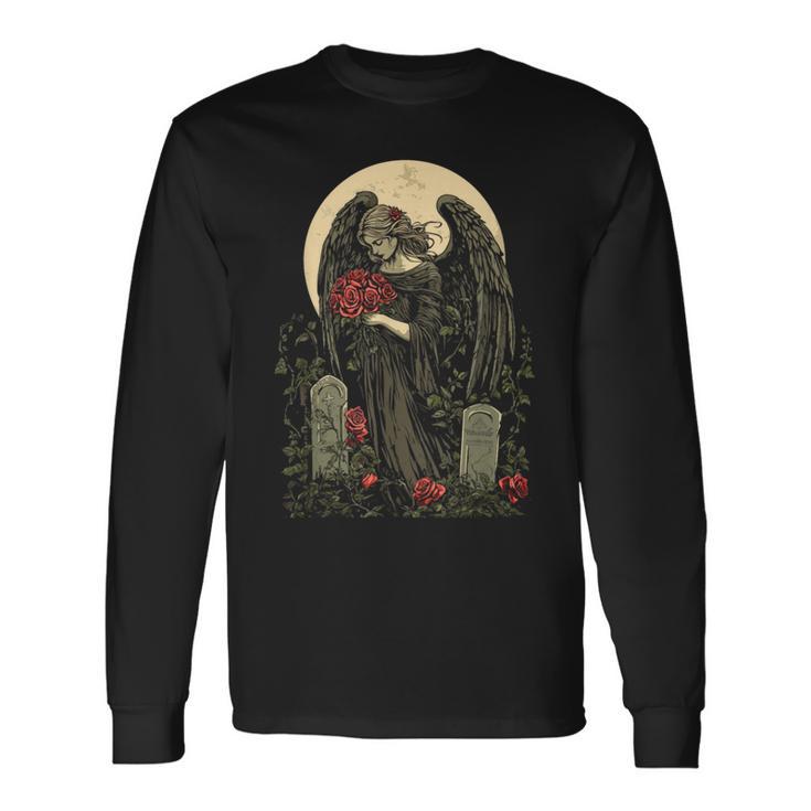 月の前でバラを持つゴシック調の天使 Goth 長袖Tシャツ
